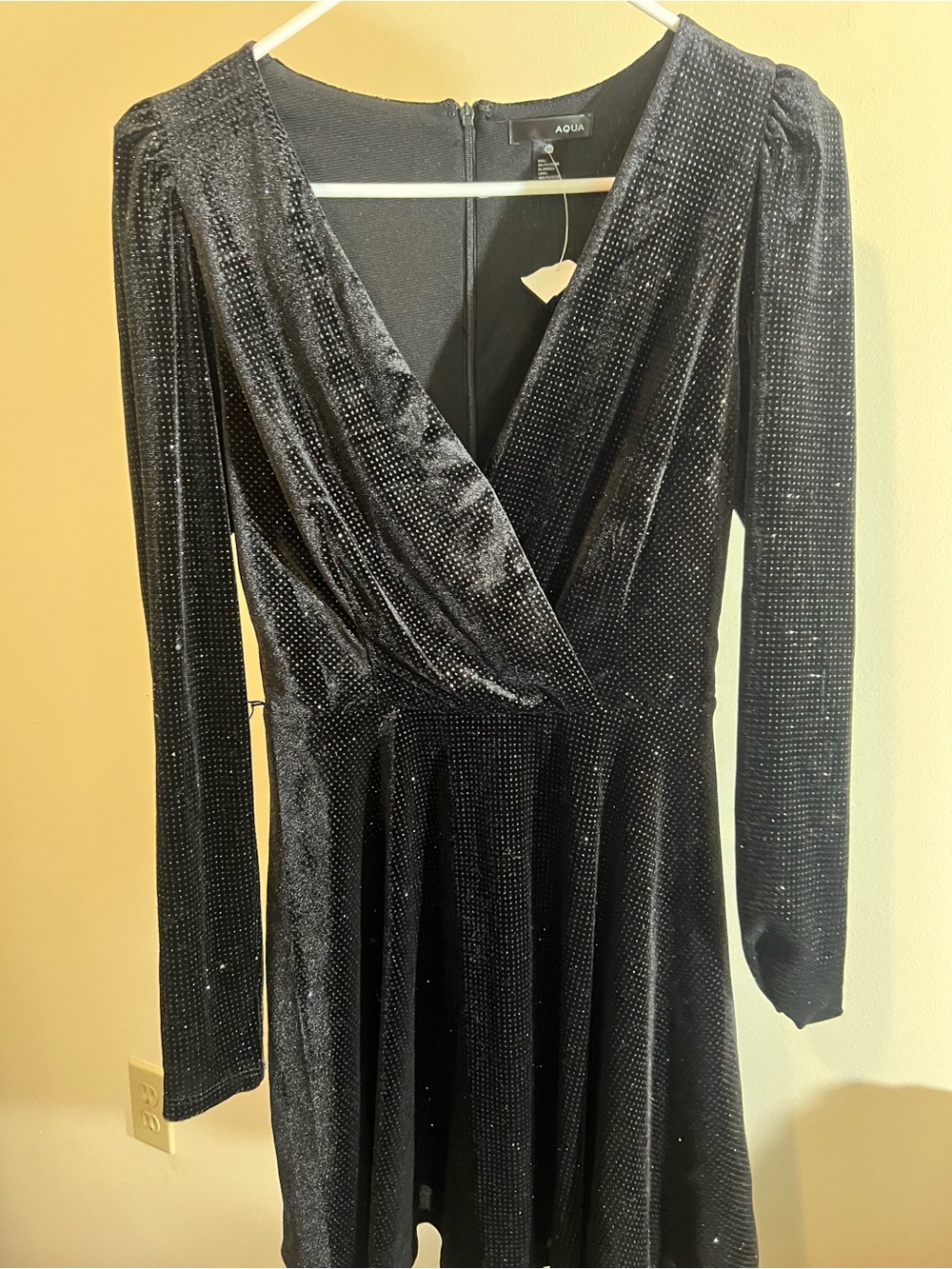 Aqua Black Velvet Sparkle Wrap-Style Long Sleeve Dress